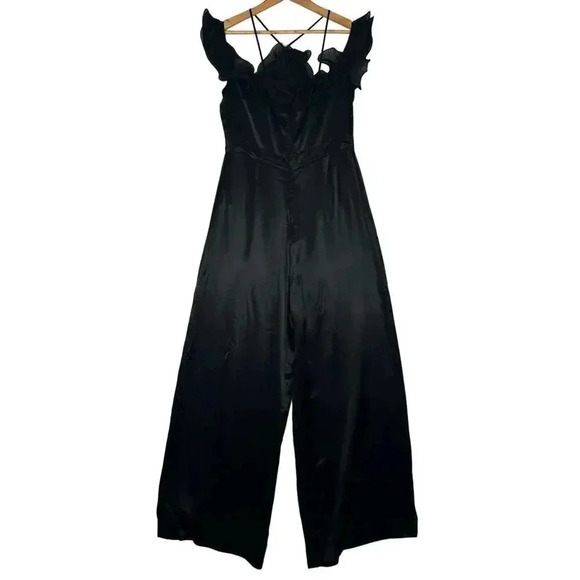 ZARA 80s Cocktail Flared Satin Effect Black Ruffled Halter Jumpsuit Size L - Picture 3 of 9